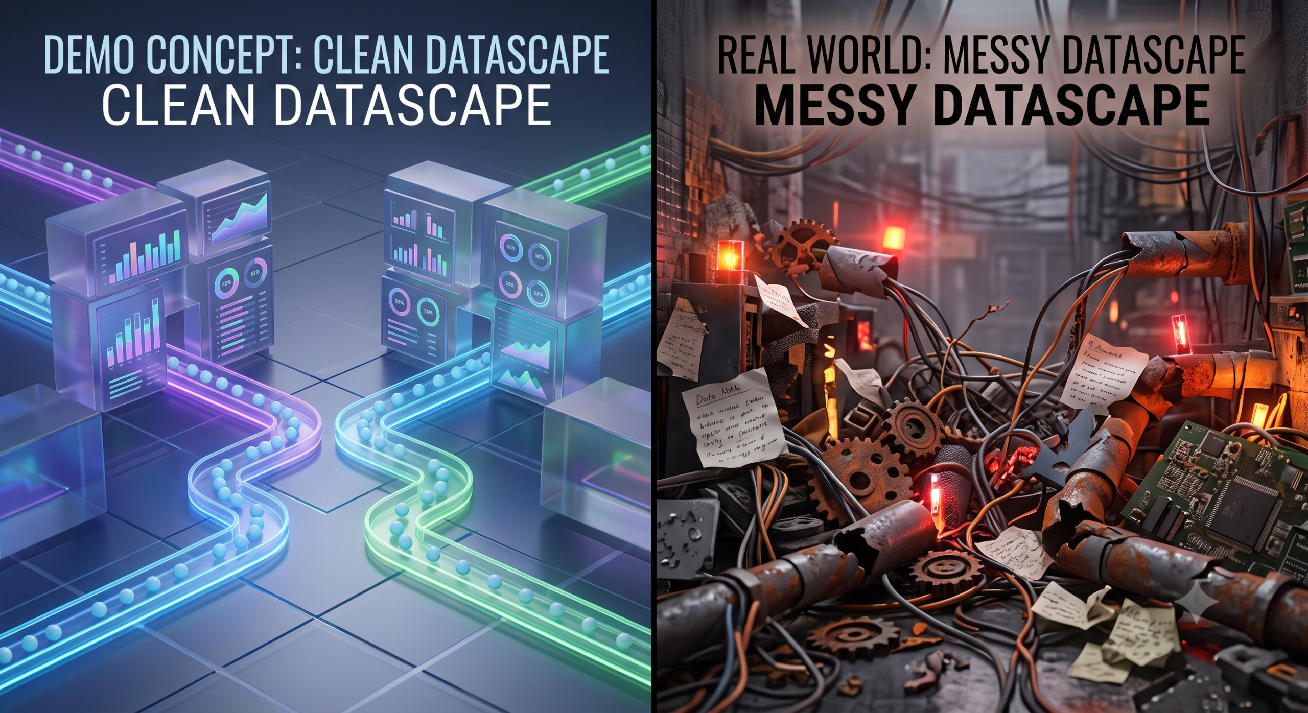 Conceptual image contrasting a polished AI vendor demo with real-world production data, illustrating the gap buyers need to evaluate before signing