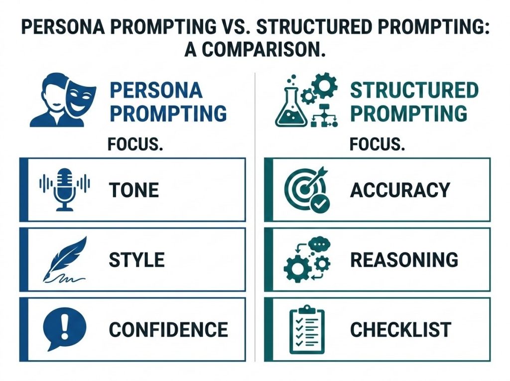 Comparison chart of persona prompting versus structured chain-of-thought prompting in ChatGPT.