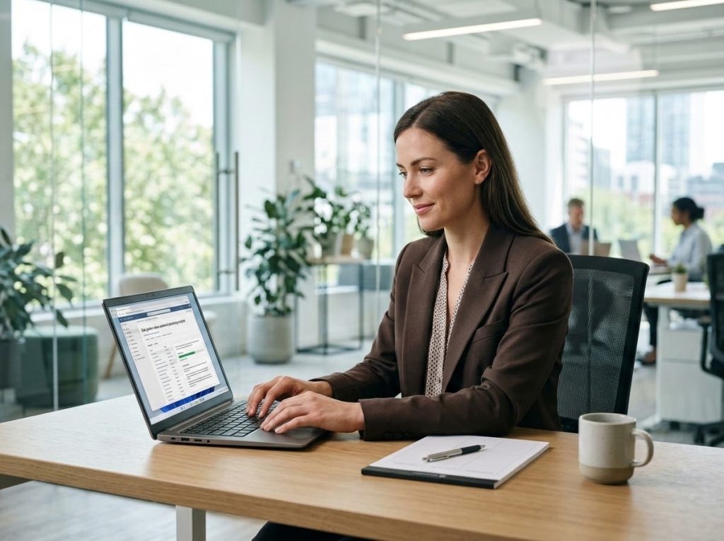 Professional using an AI workflow tool at a desk, illustrating corporate AI adoption trends