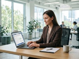 Professional using an AI workflow tool at a desk, illustrating corporate AI adoption trends
