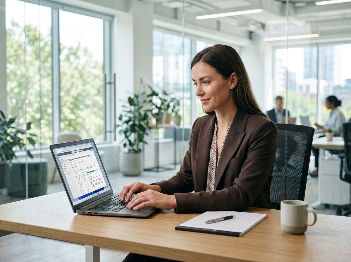 Professional using an AI workflow tool at a desk, illustrating corporate AI adoption trends