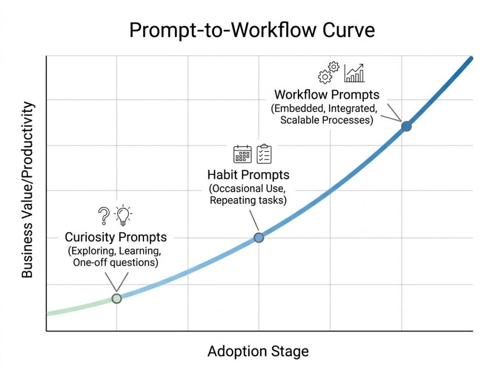 "Diagram of the Prompt-to-Workflow Curve showing three stages of AI adoption: curiosity prompts, habit prompts, and workflow prompts