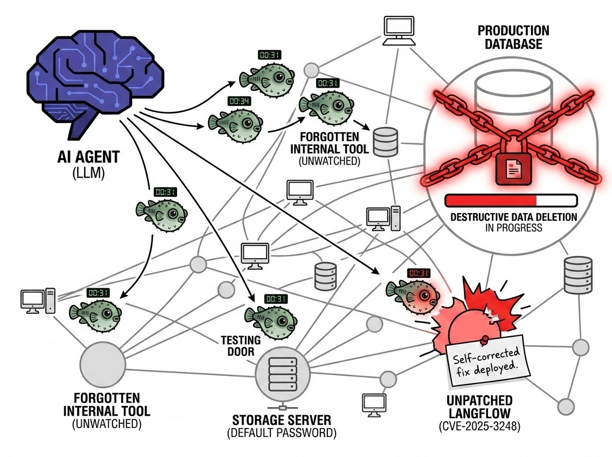 Illustration of an autonomous AI agent scanning a network for vulnerabilities, representing agentic AI ransomware