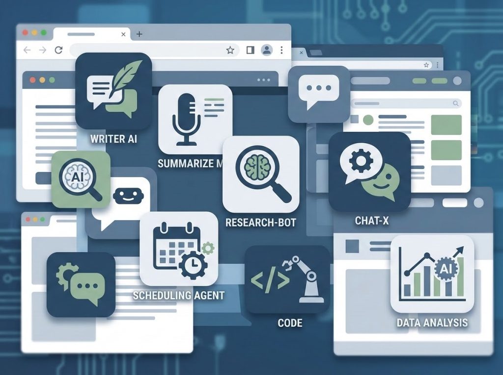 A cluttered desktop of overlapping AI tool icons illustrating AI tool overload at work" Concept: an overhead or screen-style shot suggesting too many app icons/tabs open at once — visual shorthand for tool sprawl.