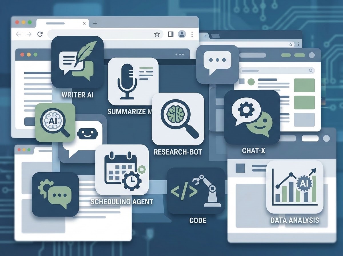 A cluttered desktop of overlapping AI tool icons illustrating AI tool overload at work" Concept: an overhead or screen-style shot suggesting too many app icons/tabs open at once — visual shorthand for tool sprawl.