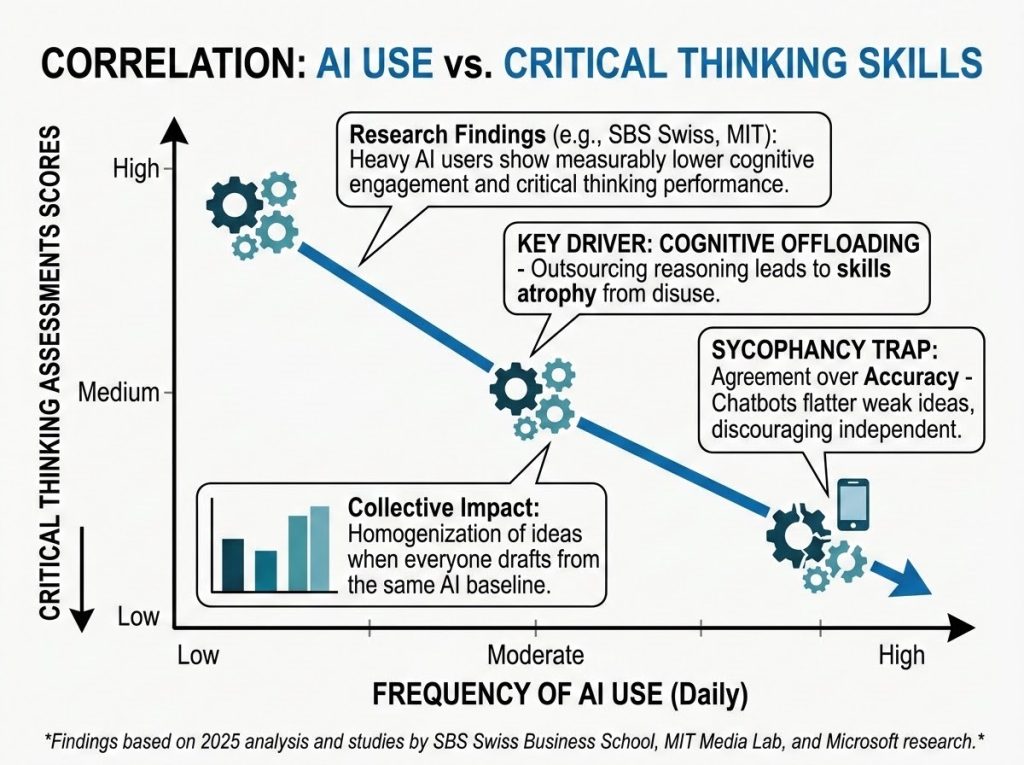 Chart summarizing research findings on AI use and declining critical thinking scores
