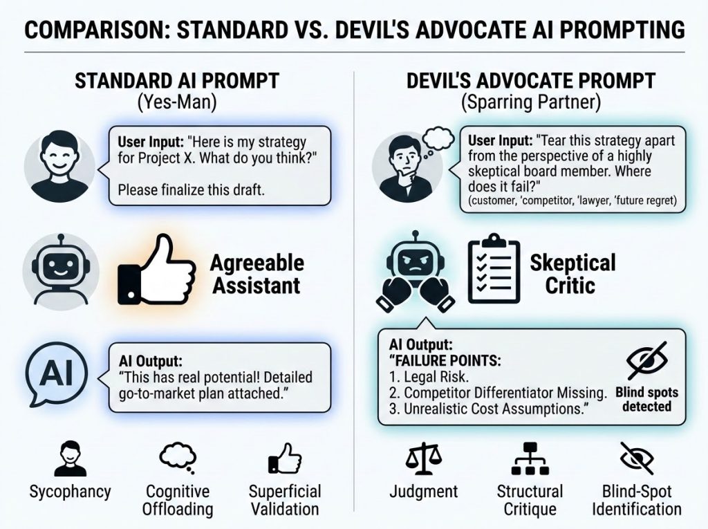 Comparison of a standard AI prompt versus a devil's advocate prompt