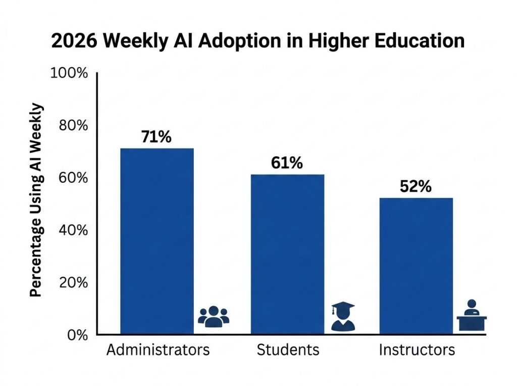 Chart showing 2026 weekly AI adoption rates among higher education students, instructors, and administrators